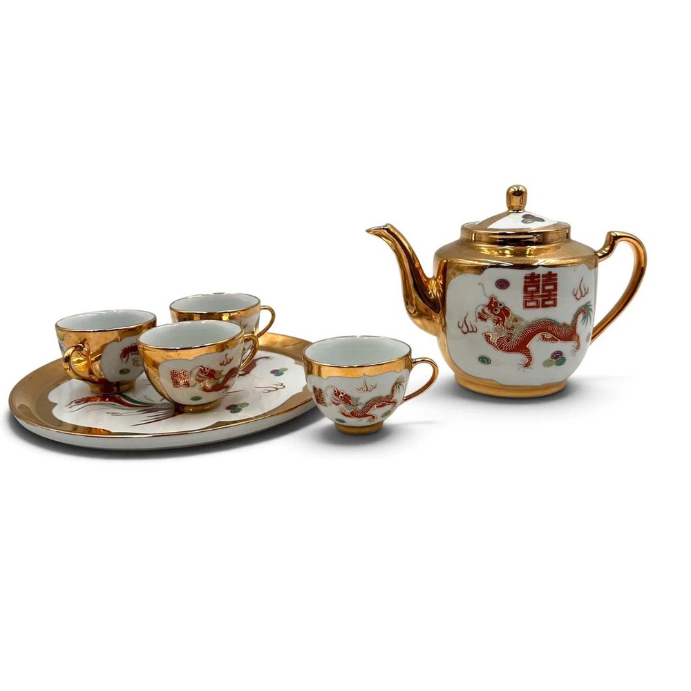 NOS Vintage Chinese Wedding Tea Set Dragon Phoenix Gold Original Box 10 Pc